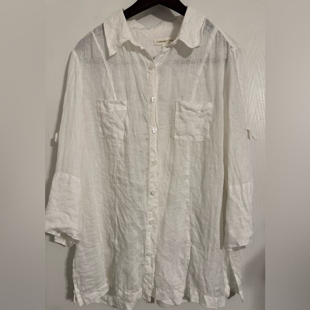 Coldwater Creek 100 % Linen 3/4 Sleeve Top | Size Large | White